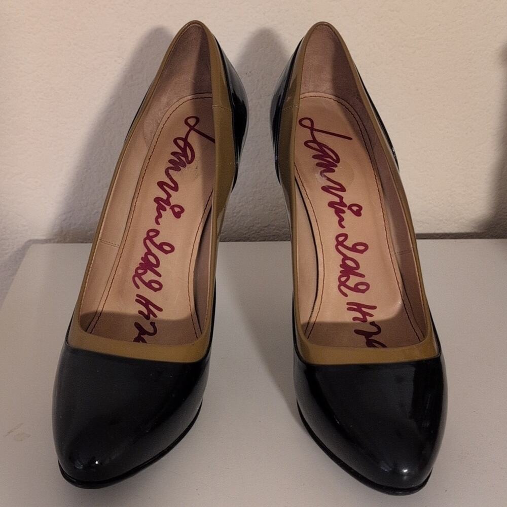 LANVIN Dark Blue/Mustard Italian Patent Leather Point Toe Pumps 5" Heels Size 40 - Picture 3 of 8